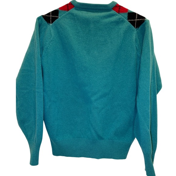Alan Paine Vintage Lambswool Argyle V-Neck Sweater Teal Red Made in England 44 - Picture 2 of 9